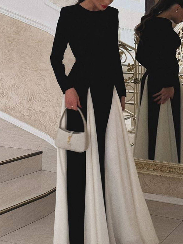 Contrast Color Elasticity Pleated Split-Joint A-Line Long Sleeves Round-Neck Maxi Dresses Evening Dresses