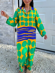 Buttoned Printed Long Sleeves Loose Lapel Shirt Dress Maxi Dresses