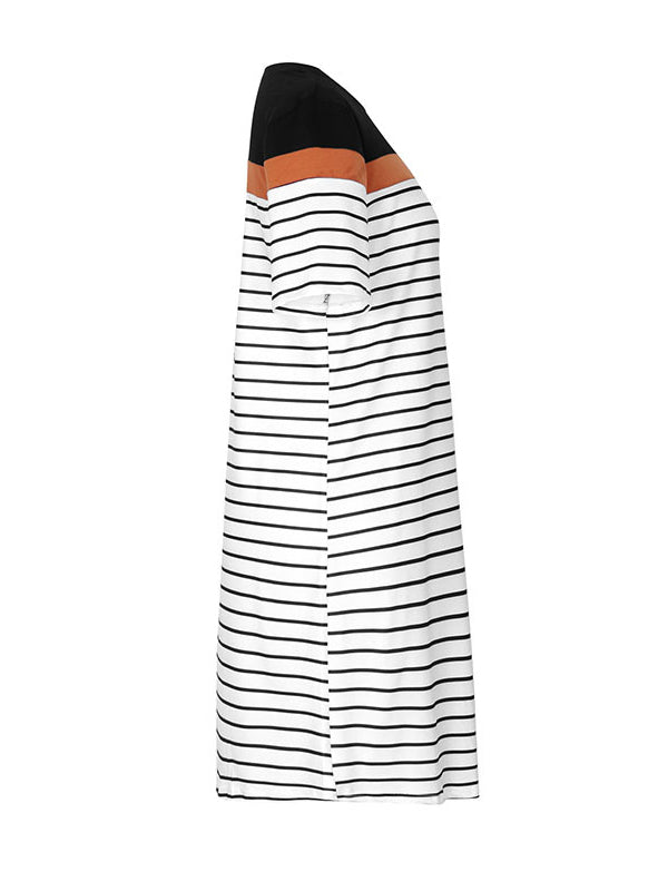 Contrast Color Striped Loose Short Sleeves Round-Neck Mini Dresses