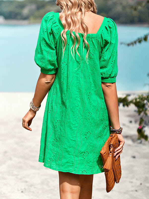Jacquard Solid Color Loose Puff Sleeves Square-neck Mini Dresses