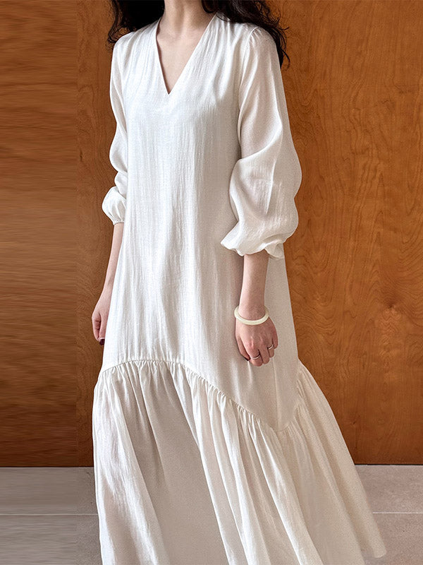 Elasticity Pleated Solid Color Split-Joint Zipper High Waisted Long Sleeves V-Neck Midi Dresses
