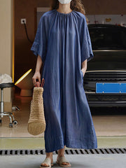 Drawstring Lace-Up Pleated Solid Color Loose Raglan Sleeve Round-Neck Midi Dresses