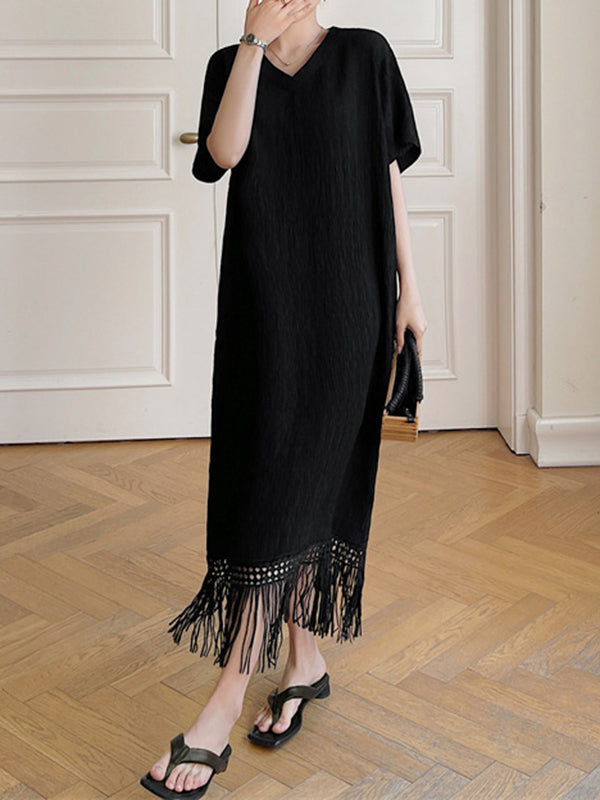 Solid Color Split-Joint Tasseled Loose Short Sleeves V-Neck Midi Dresses