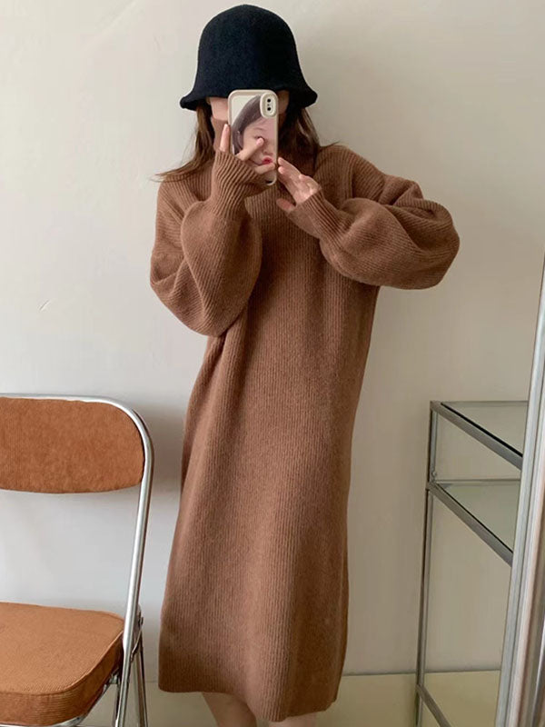 Solid Color Long Sleeves Loose High Neck Sweater Dresses Midi Dresses