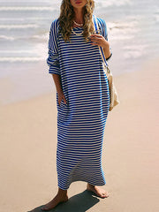Contrast Color No Belt Split-Joint Striped Long Sleeves Loose Round-Neck Maxi Dresses