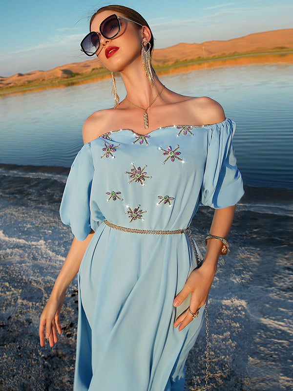 Vacation Loose Puff Sleeves Solid Color One-Shoulder Dress