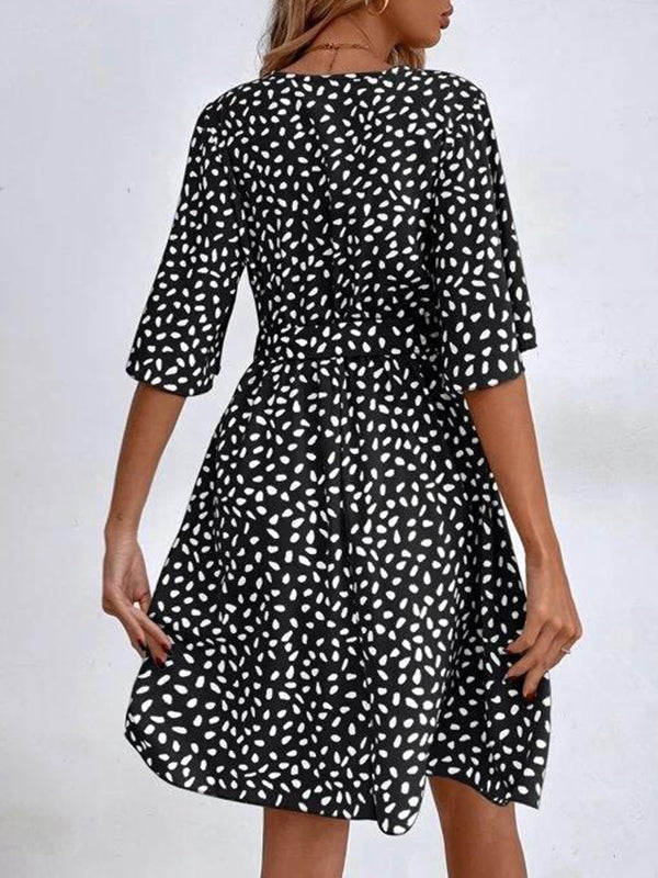Pleated Printed Ruffled Tied Waist Half Sleeves Loose V-Neck Mini Dresses