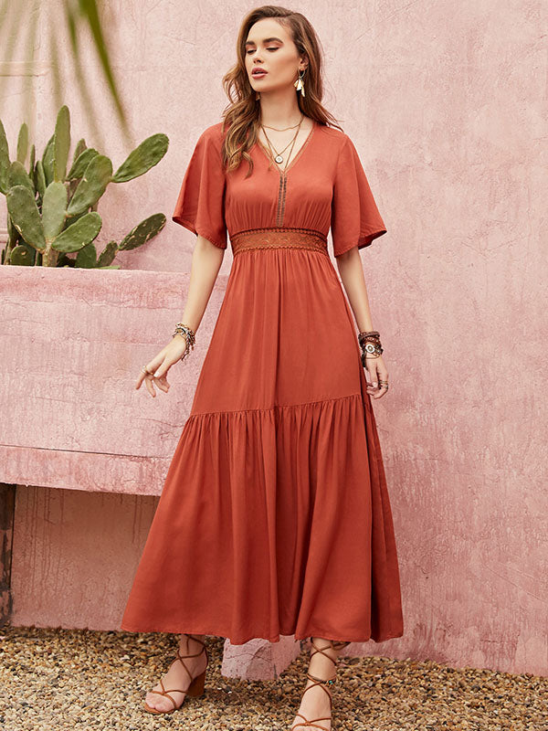 Vacation Half Sleeves Wrap Solid Color V-Neck Maxi Dress