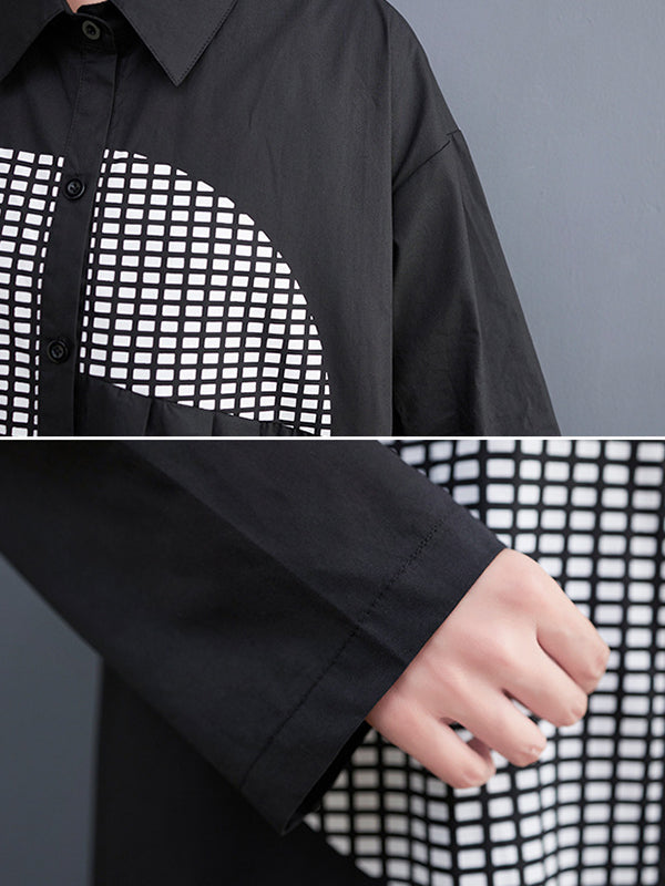 Vintage Loose Long Sleeves Buttoned Printed Polka-Dot Lapel Collar Midi Dresses