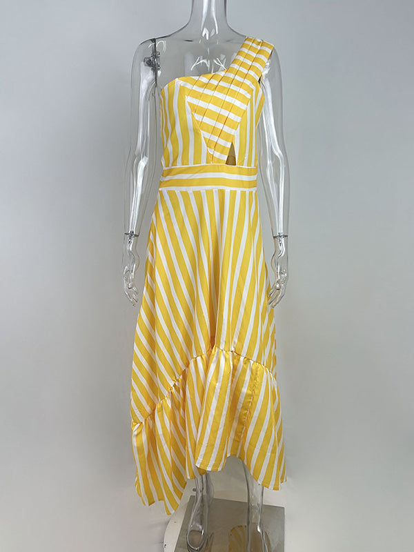 Asymmetric Hollow Pleated Pockets Split-Joint Striped Zipper High Waisted Loose One-Shoulder Midi Dresses