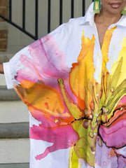 Buttoned Contrast Color Flower Print Half Sleeves Loose Lapel Shirt Dress Midi Dresses