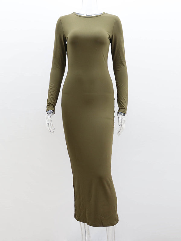Solid Color Split-Joint Bodycon Long Sleeves Round-Neck Maxi Dresses