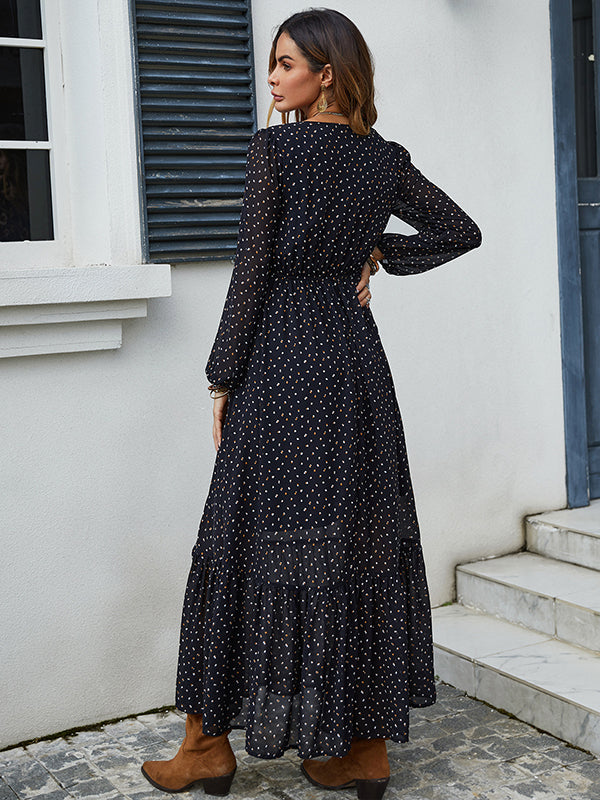 Vacation Polka-Dot Embroidered V-Neck Maxi Dress