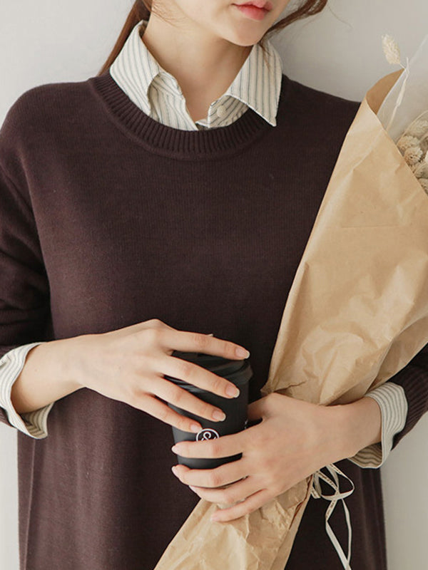 Urban Long Sleeves Loose Split-Side Solid Color Round-Neck Sweater Dresses
