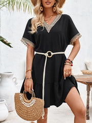 Belted Split-Joint Short Sleeves V-neck Mini Dresses