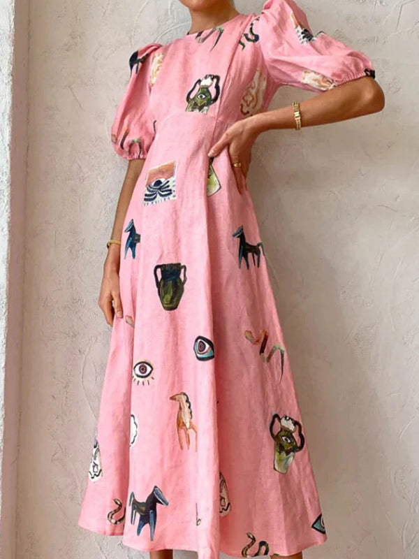Puff Sleeves Short Sleeves Flower Print Round-Neck Maxi Dresse