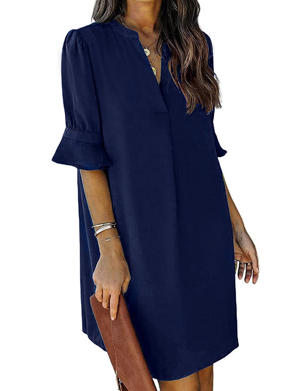 Pleated Ruffled Solid Color Split-Joint A-Line Flared Sleeves V-Neck Mini Dresses