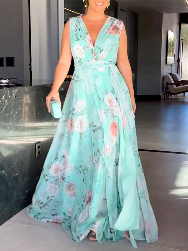 Sleeveless Floral Printed Split-Side V-Neck Maxi Dresses