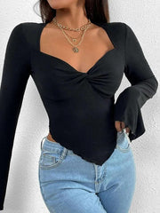 Solid V Neck Ruched Irregular Hem Knit Long Sleeve Tee