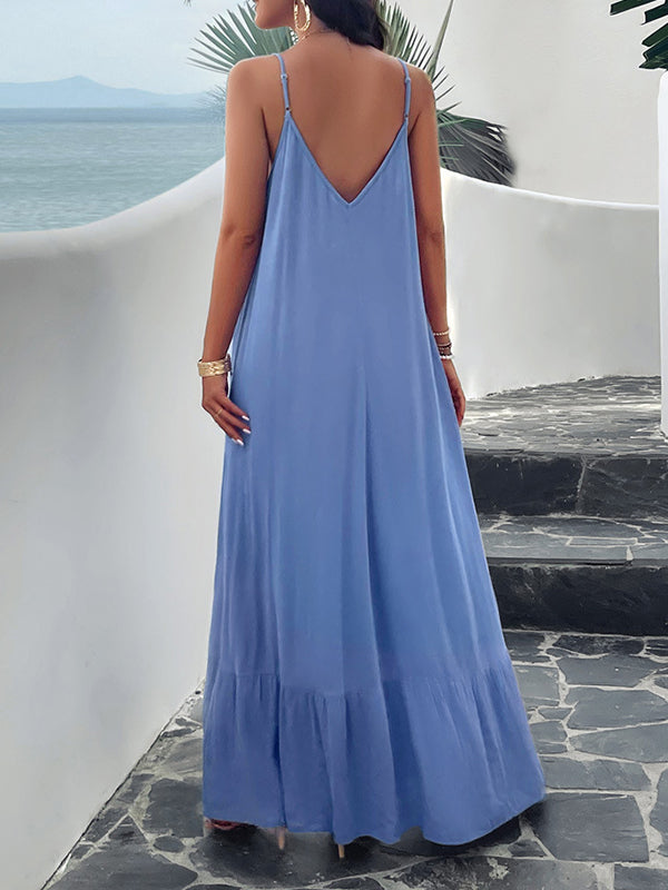 Pleated Solid Color Split-Joint Loose Sleeveless Spaghetti-Neck Maxi Dresses