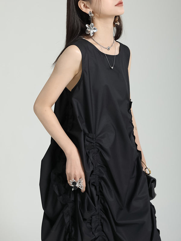Asymmetric Elasticity Pleated Solid Color Loose Sleeveless Round-Neck Midi Dresses