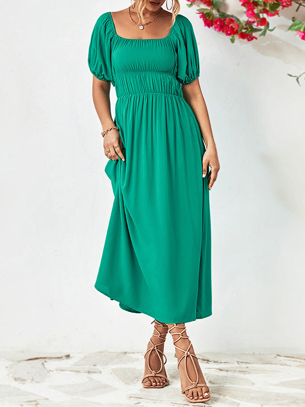 Solid Color Loose Short Sleeves Off-The-Shoulder Midi Dresses