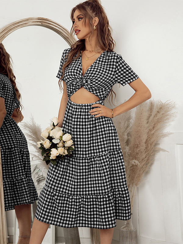 Vacation A-Line Plaid Hollow Midi Dresses