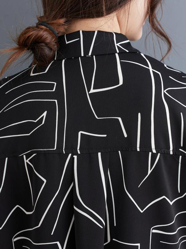 Abstract Printed Loose Lapel Midi Dresses