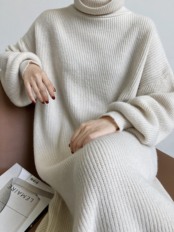 Urban Loose Puff Sleeves Solid Color High-Neck Sweater Dresses