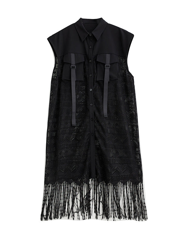 Gauze Pockets Split-Joint Tasseled Short Sleeves Lapel Midi Dresses
