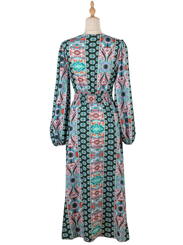 Bohemia A-Line Puff Sleeves Floral V-Neck Dress