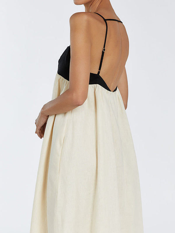 Contrast Color Pleated Split-Joint A-Line Loose Spaghetti-Neck Maxi Dresses