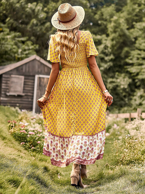 Bohemia Flared Sleeves Loose Floral Printed U-Neck Maxi Dress
