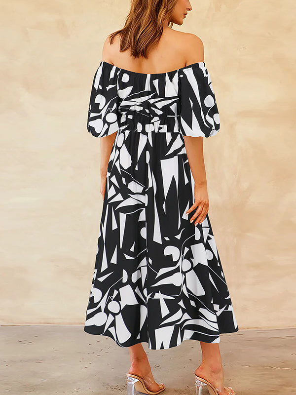 Contrast Color Elasticity Pleated Pockets Printed A-line Espadrilles Off-the-shoulder Midi Dresses