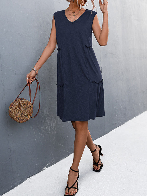 Pleated Solid Color Split-Joint A-line Loose V-neck Midi Dresses
