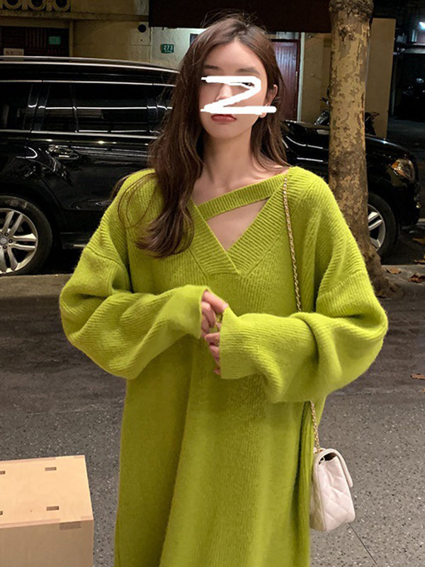 Urban Loose Long Sleeves Solid Color V-Neck Sweater Dresses