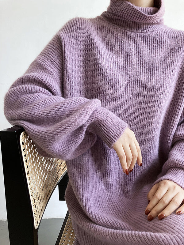 Urban Loose Puff Sleeves Solid Color High-Neck Sweater Dresses