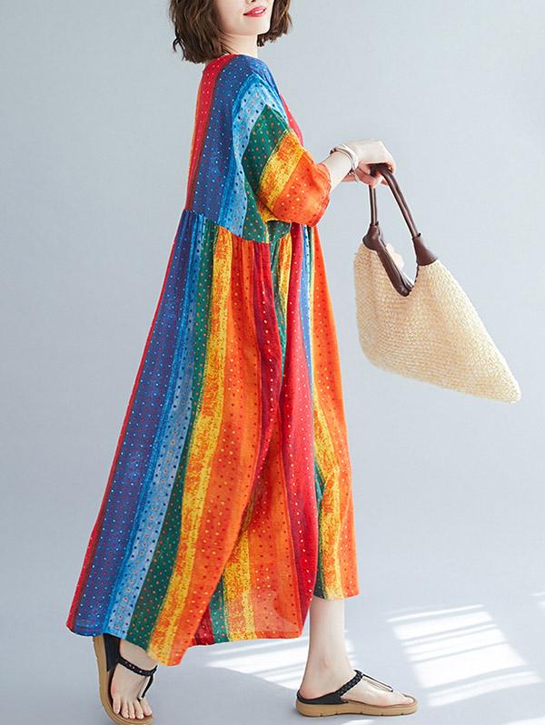 Striped Printed Loose A-Line Round-Neck Dress