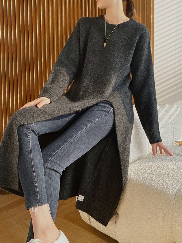 Loose Split-Side Solid Color Round-Neck Knitting Sweater Dresses