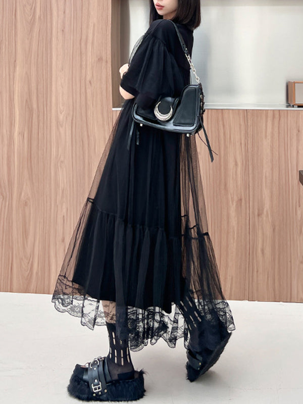 Gauze Pleated Solid Color Split-Joint Tiered Fake Two-Piece Loose Round-Neck Midi Dresses