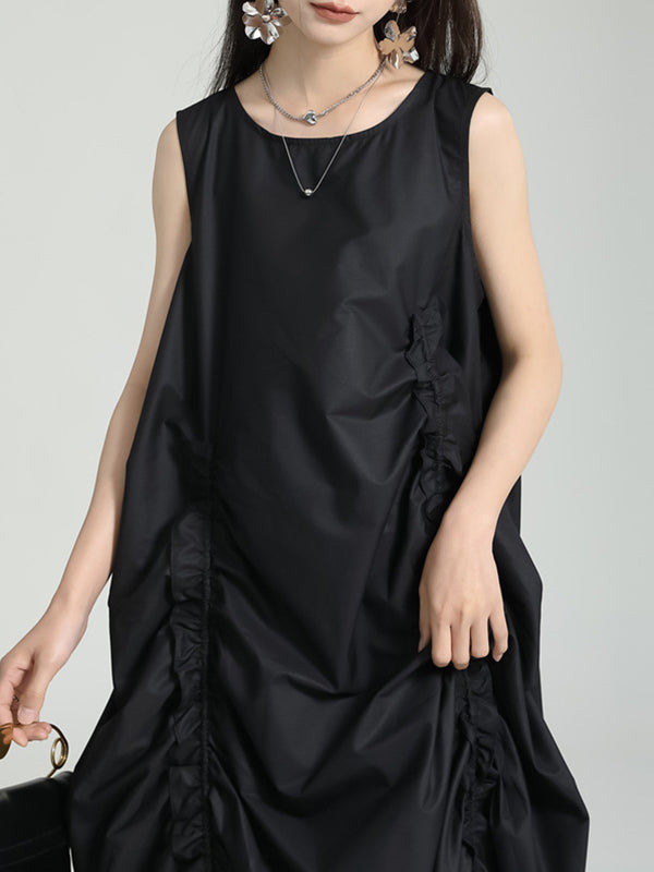 Asymmetric Elasticity Pleated Solid Color Loose Sleeveless Round-Neck Midi Dresses