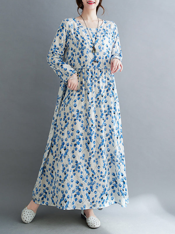 Flower Print Split-Joint Long Sleeves Loose Round-Neck Midi Dresses