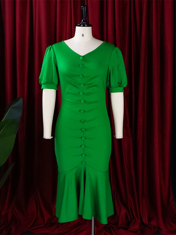 Pleated Solid Color Zipper Bodycon Mermaid V-Neck Midi Dresses
