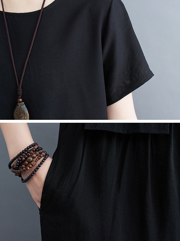 Gauze Solid Color Split-Joint Loose Short Sleeves Round-neck Midi Dresses