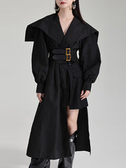 Asymmetric Belted Pleated Solid Color High Waisted Long Sleeves Lapel Midi Dresses