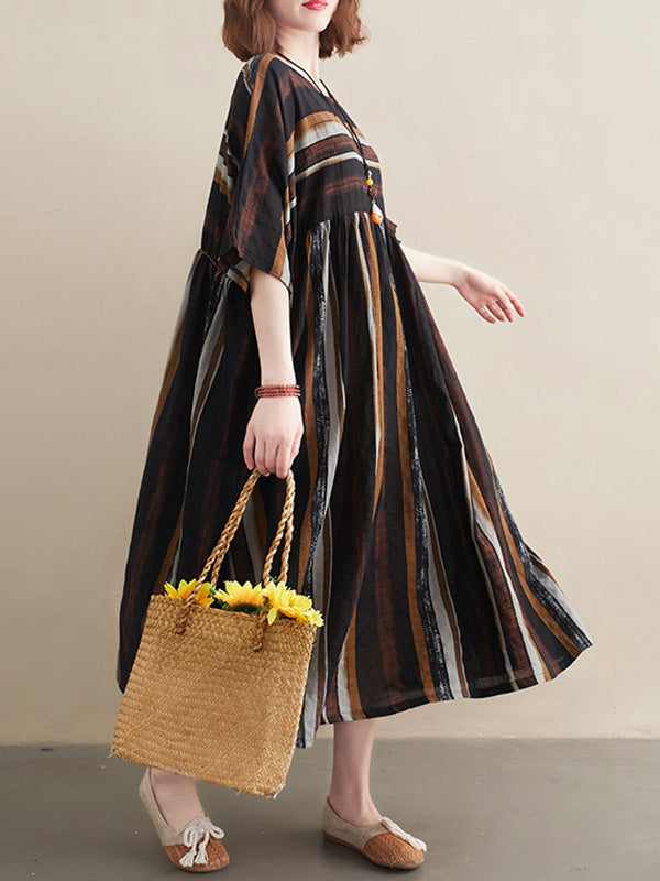 Original Cotton Blend Stripe Half Sleeve Maxi Dress