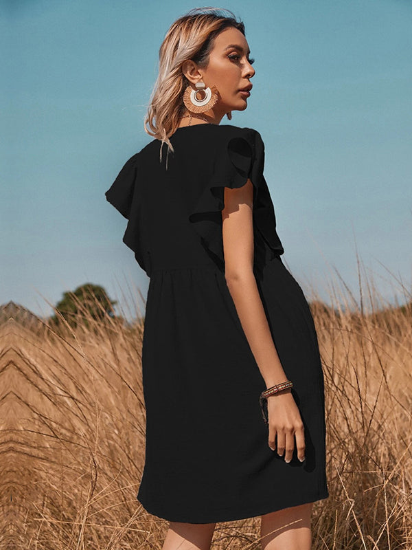 Vacation Buckle Solid Color V-Neck Mini Dress