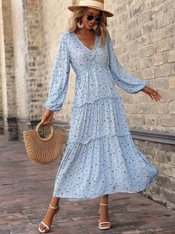 Vacation Puff Sleeves Floral Printed V-Neck Dress