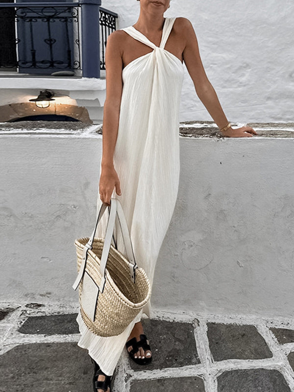 Pleated Solid Color Loose Sleeveless Spaghetti-Neck Maxi Dresses