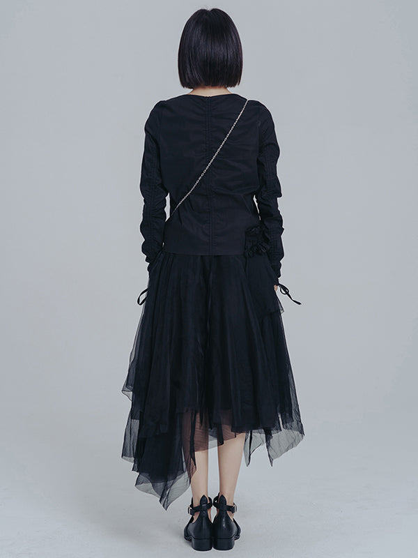 Urban Drawstring Long Sleeves Black Gauze Midi Dress